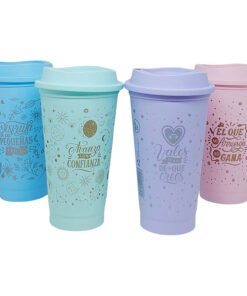 VASO PLAST.ECO CAFE C/TAPA DECORADO FRASES PASTEL